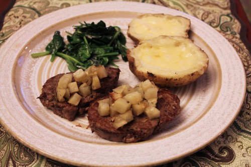 steak, potato and spinach for dinner