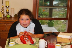 Hannah with her birthday lobster