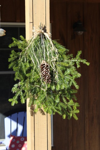 balsam fir, pine cone, birch and raffia swags