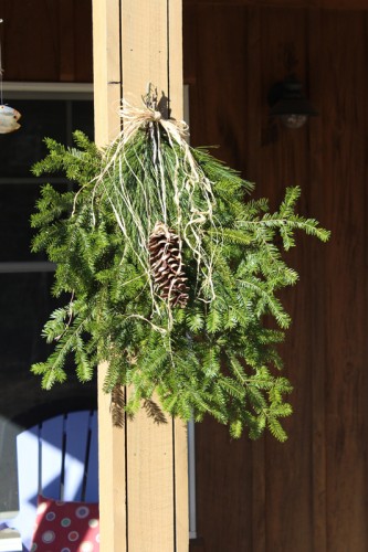 balsam fir, pine cone, birch and raffia swags