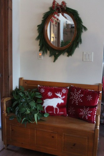 bench decorated for Christmas