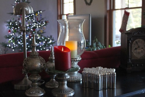 library table decorated for Christmas