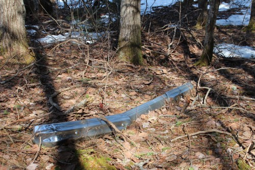 In our survey for which trees to take down, we stumbled upon this bumper left in our woods. Huh. 