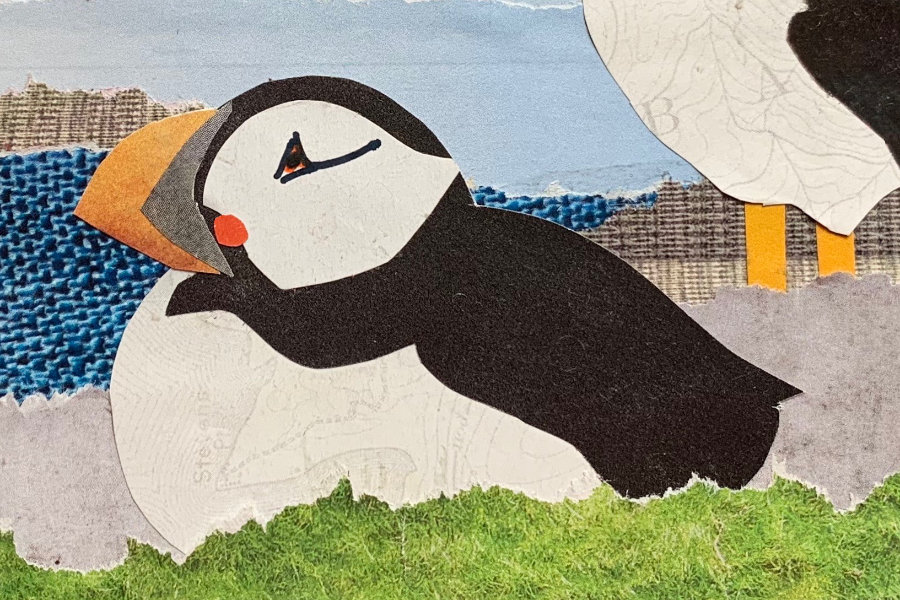 Torn Paper Puffins on Rocks Collage