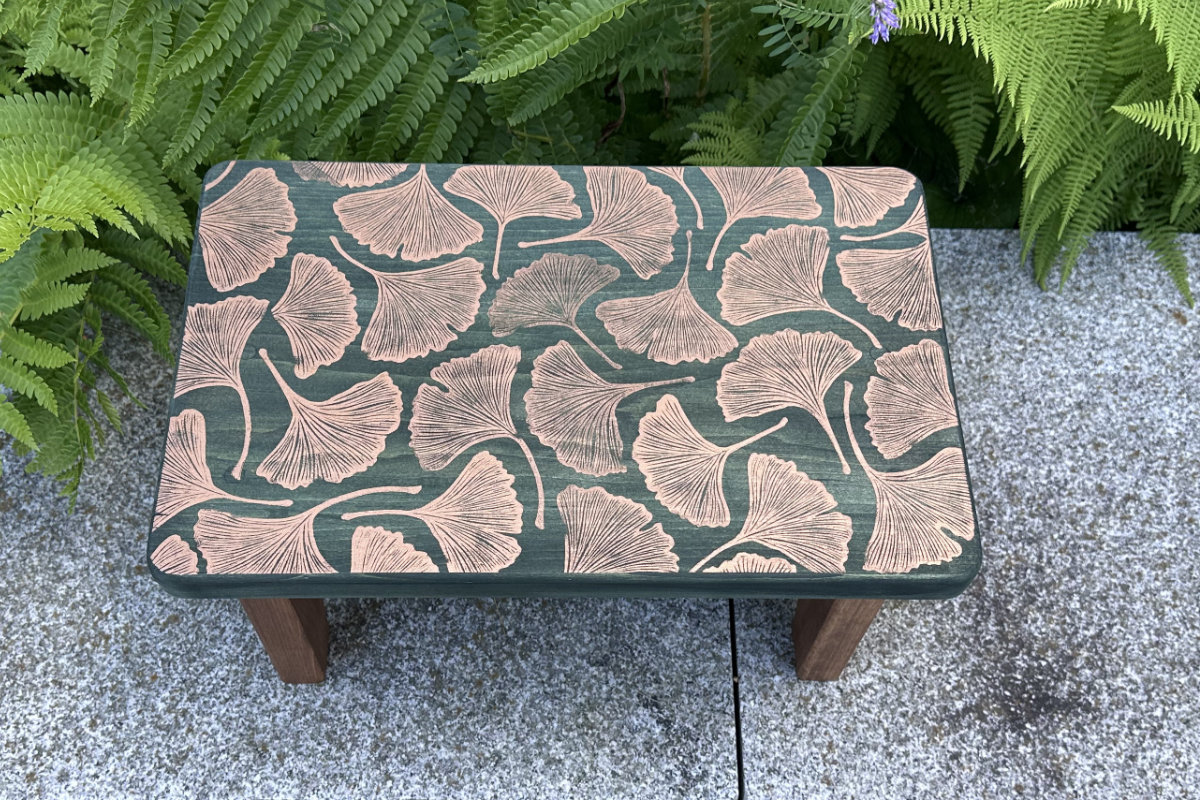 ginkgo leaf linoleum block print stool